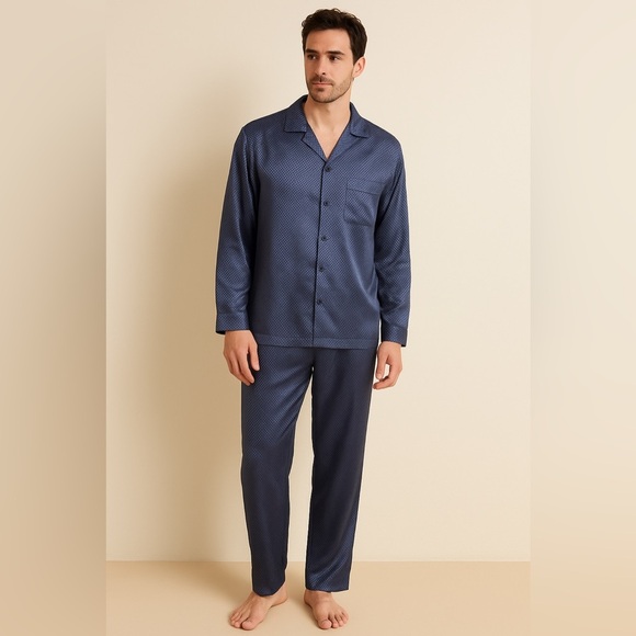 CHARTER CLUB Men’s 100%  Silk Pajama Set – Blue Button Shirt & Pants set, Size L - Picture 1 of 11